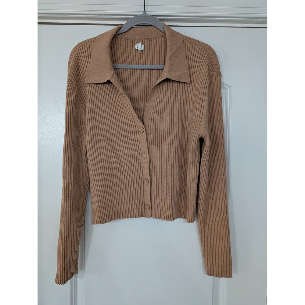 Aerie Women's XXL‎ Cardigan Sweater Ribbed Knit Collar Button Tan Brown neutral